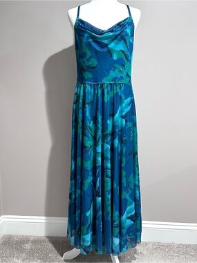BTFBM Blue Teal Floral Cowl Neck Maxi Dress